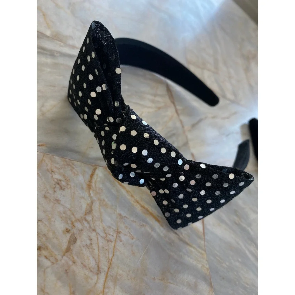 Black Silver Polka Dot Bow Headband Retro Sparkle Hair Accessory